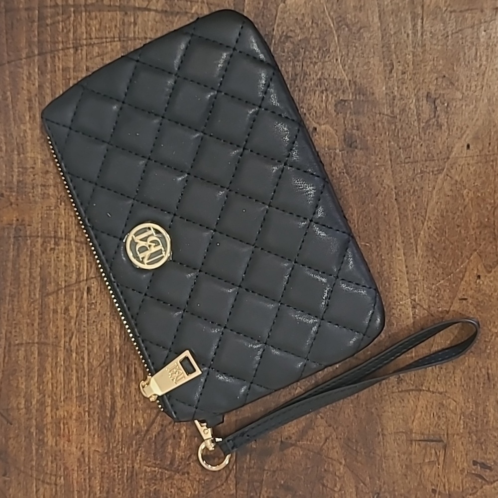 Badgley Mischka Black Quilted Wristlet with Gold Hardware